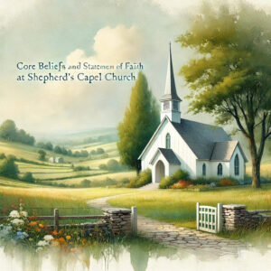 A watercolor painting of a serene countryside chapel with the text "Core Beliefs and Statement of Faith at Shepherd's Chapel Church" subtly integrated into the background.