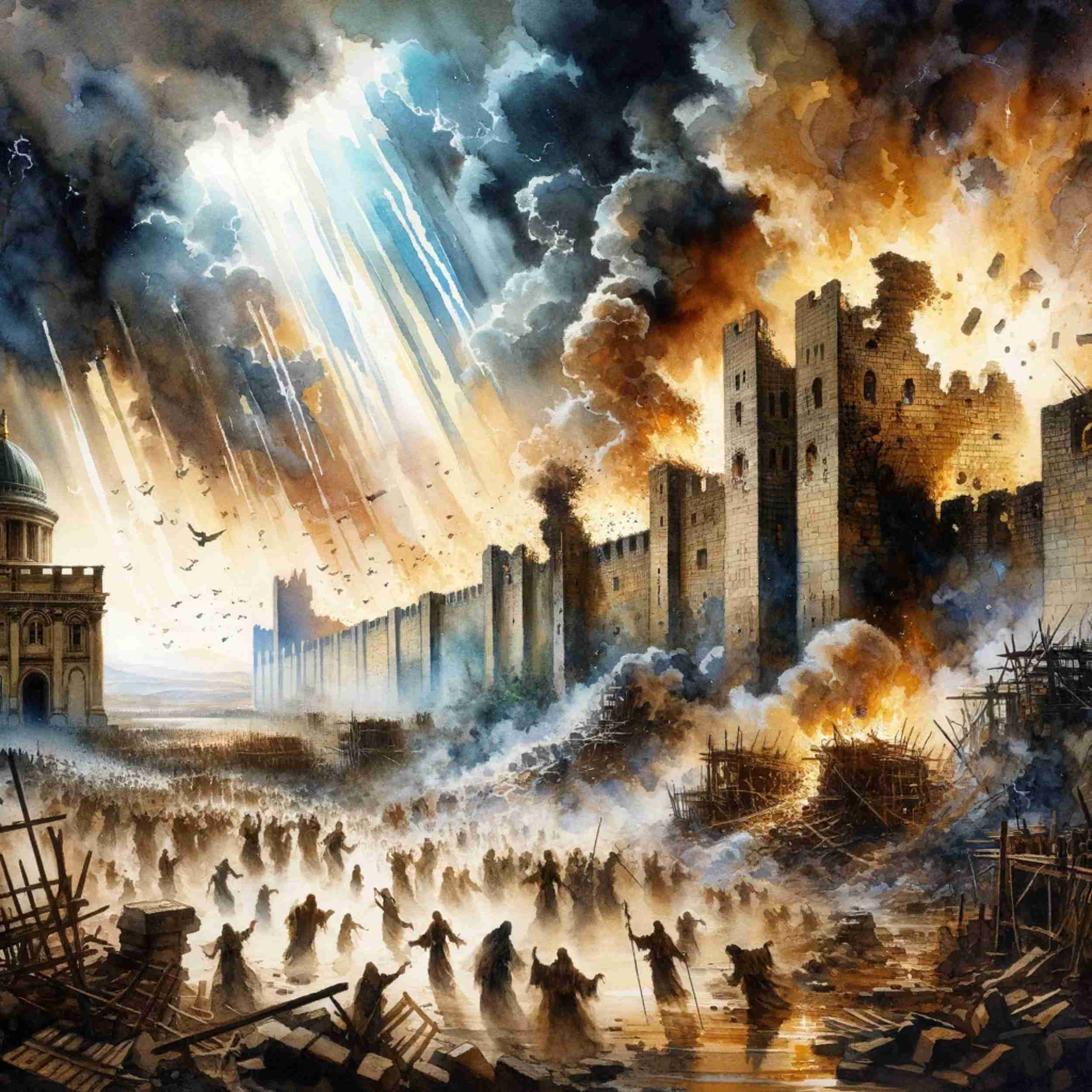 "Watercolor painting depicting the destruction of Jerusalem with walls crumbling, fire blazing, and people fleeing amidst chaos, symbolizing biblical prophecy.